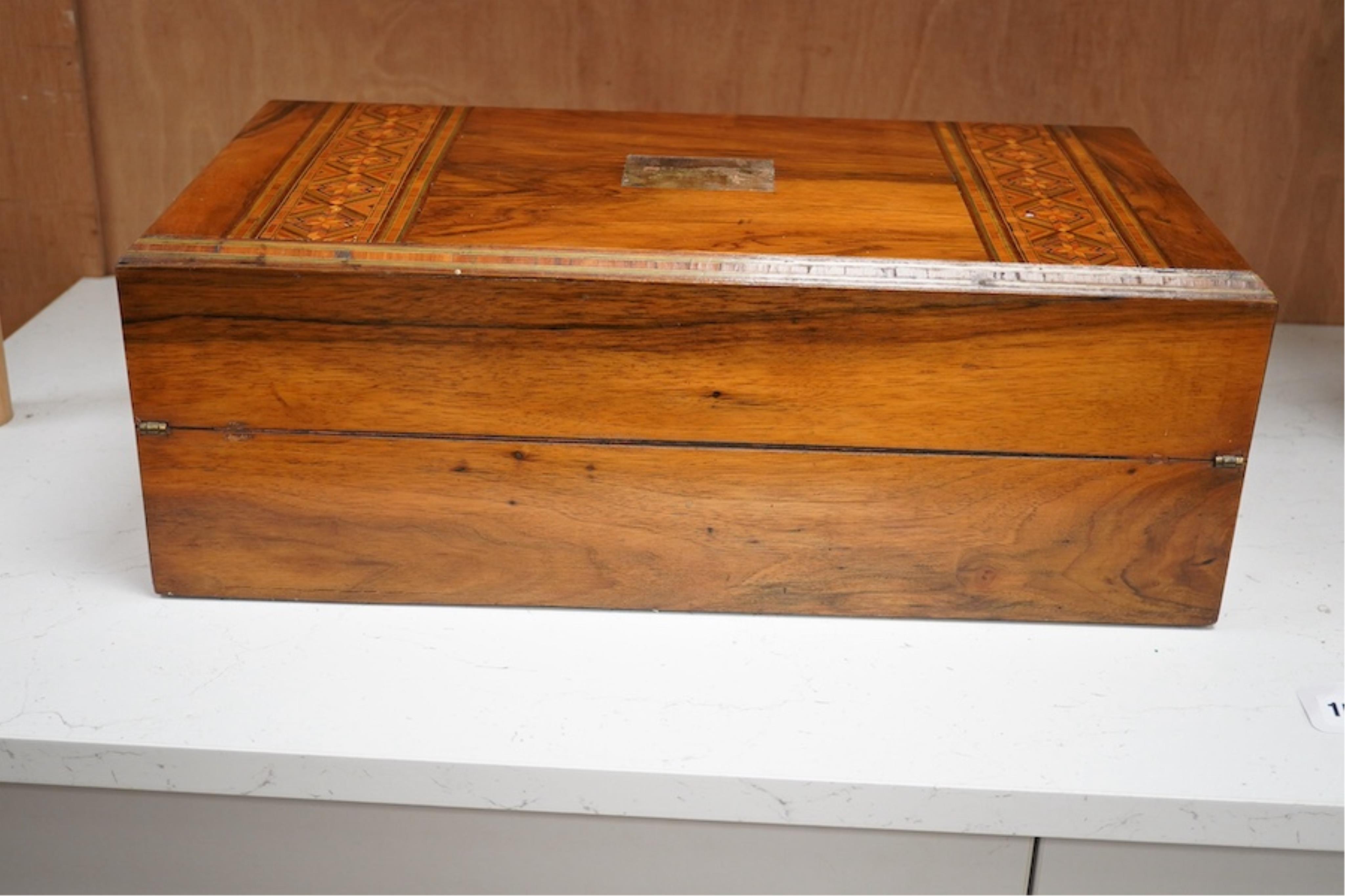 A Victorian inlaid walnut writing slope, 45cm wide x 26cm deep. Condition - brass plaque missing